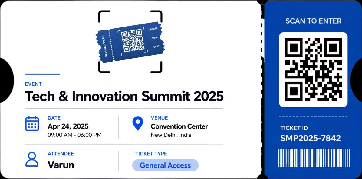 A ScanMyPass event pass: event name, date, venue, attendee name and ticket type, with a scannable QR stub.