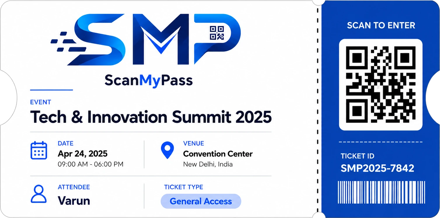 A ScanMyPass event pass: event name, date, venue, attendee name and ticket type, with a scannable QR stub.